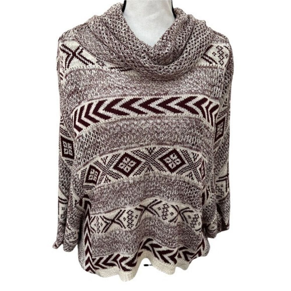 Altar’d State Aztec Print Knit maroon/beige Cowl Neck Poncho size M